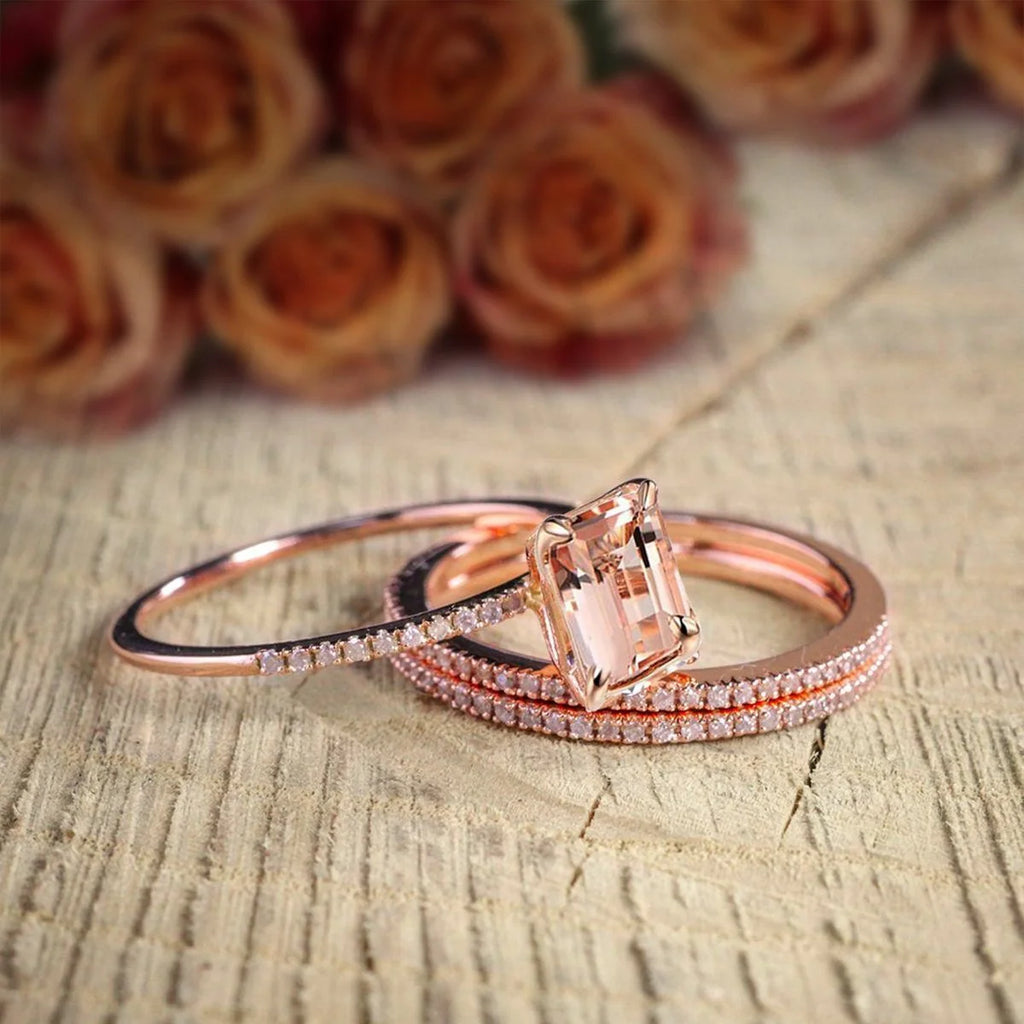 2.50 Carat Emerald Cut Morganite And Diamond Moissanite 3 Rings Set With 18K Rose Gold Plating I836