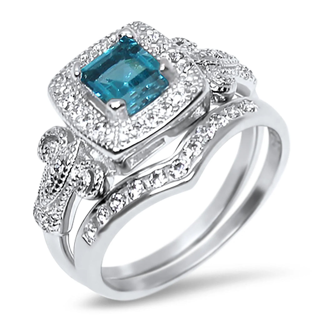 Trio His Hers Blue Topaz CZ Silver Wedding Engagement Ring Set Titanium O554