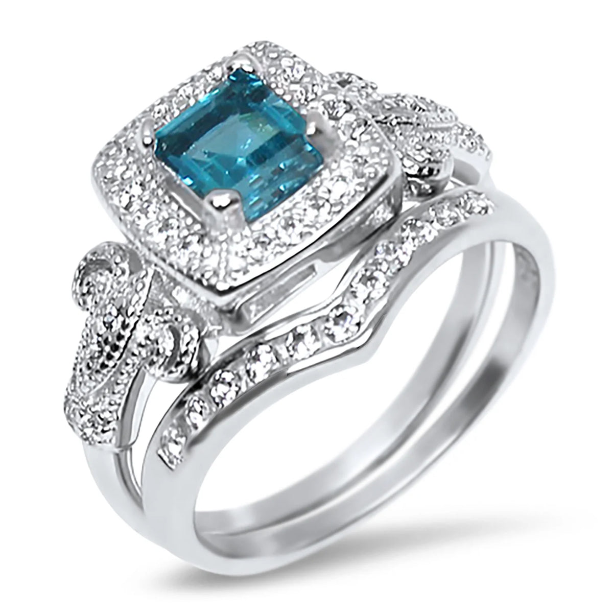 Trio His Hers Blue Topaz CZ Silver Wedding Engagement Ring Set Titanium O554
