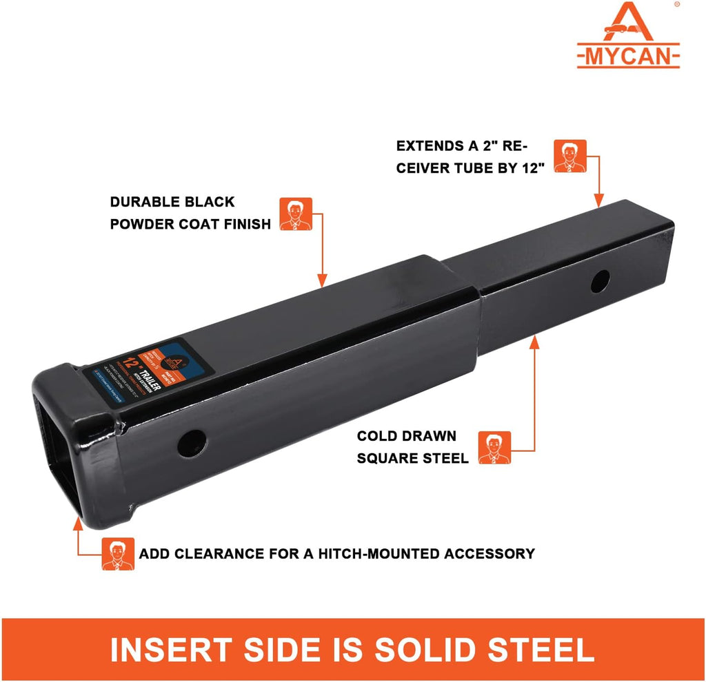Hitch Extension 12 Long Solid Trailer Extender for 2 Receiver Tube Tow Bar Steel Shank Heavy Duty 3500 lbs Pack of 2 Q889856