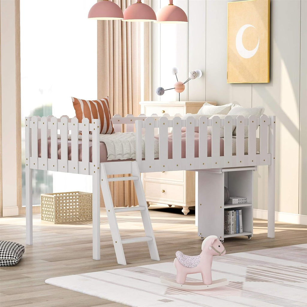 Gray Wooden Twin Loft Bed with Slide and Storage Cabinet Drawers and Book Shelves U891486