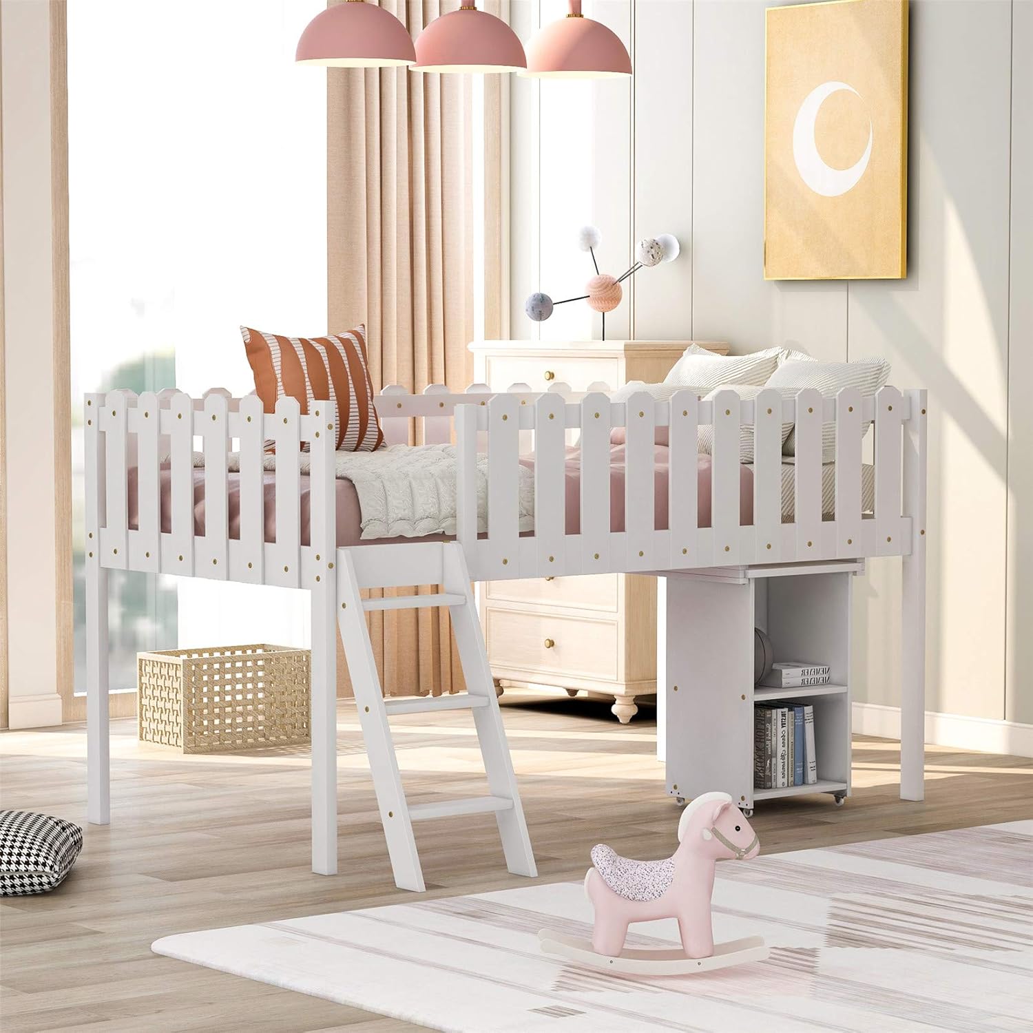 Gray Wooden Twin Loft Bed with Slide and Storage Cabinet Drawers and Book Shelves U891486