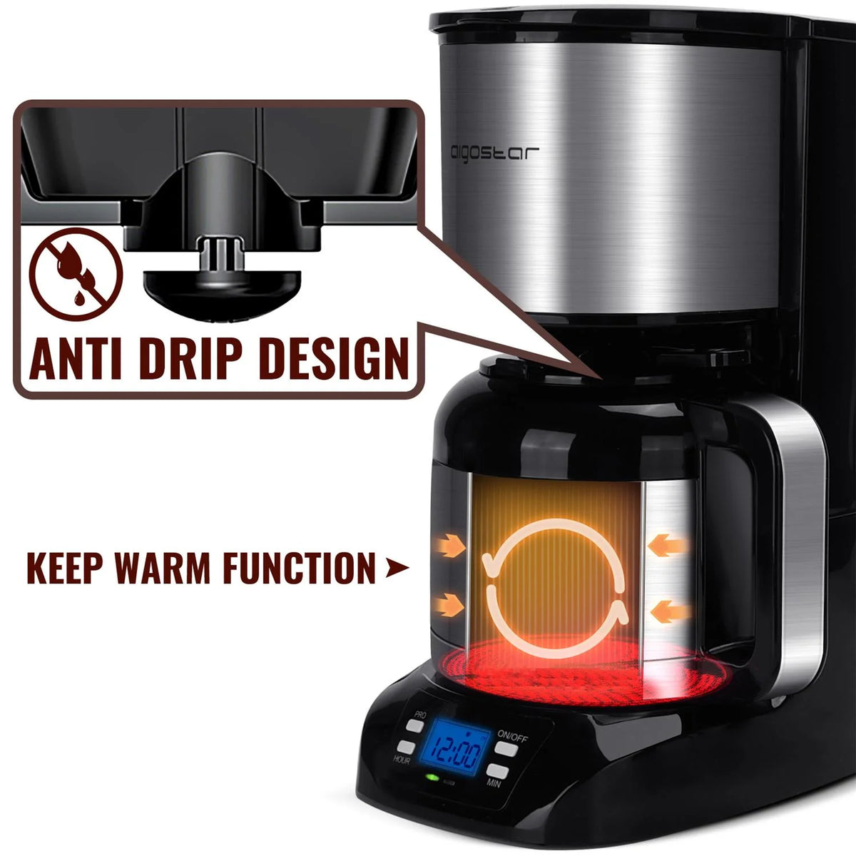 Black Stainless Steel Thermal Coffee Maker with Timer and Reusable Filter Q3497