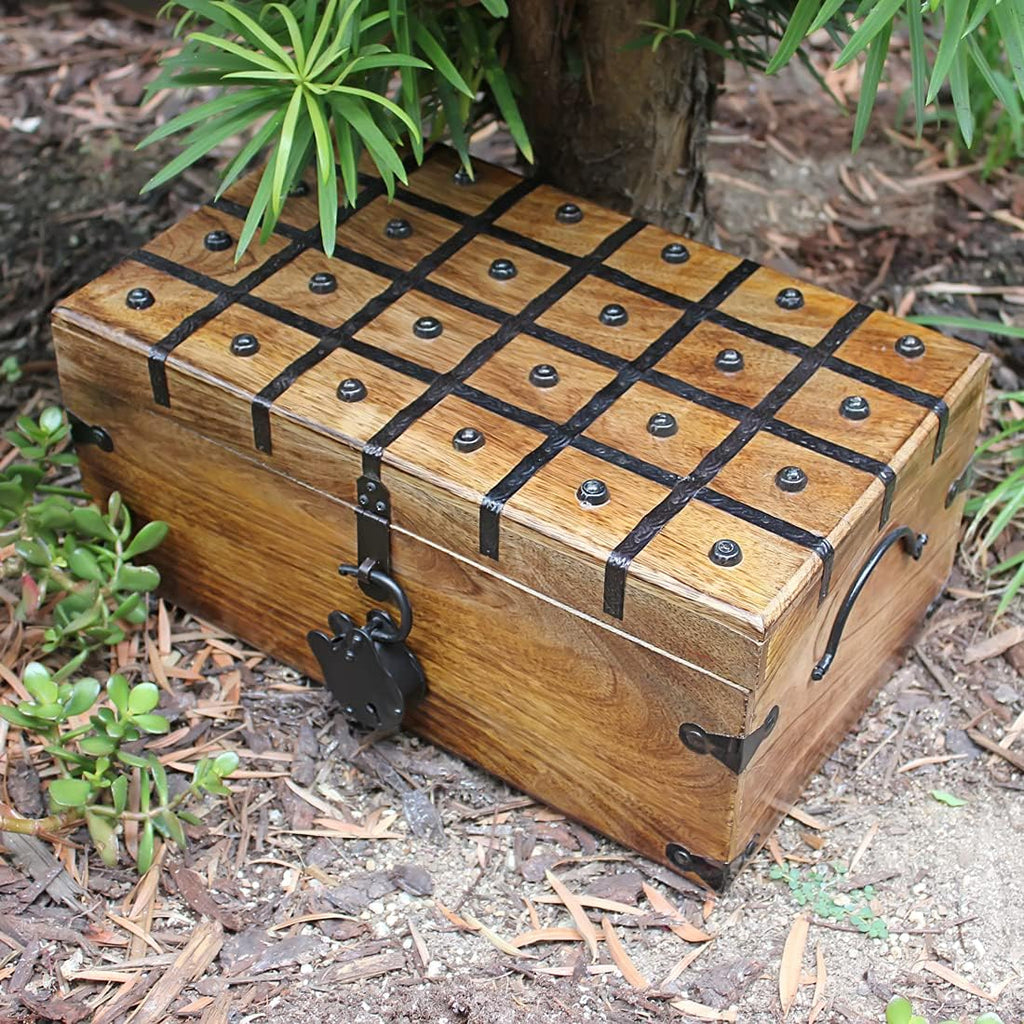 Wooden Treasure Chest with Antique Iron Lock and Skeleton Key, X-Large 17 x 10 x 7.5 M696