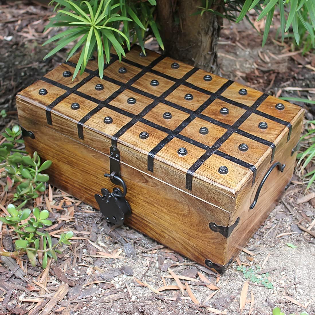 Wooden Treasure Chest with Antique Iron Lock and Skeleton Key, X-Large 17 x 10 x 7.5 M696