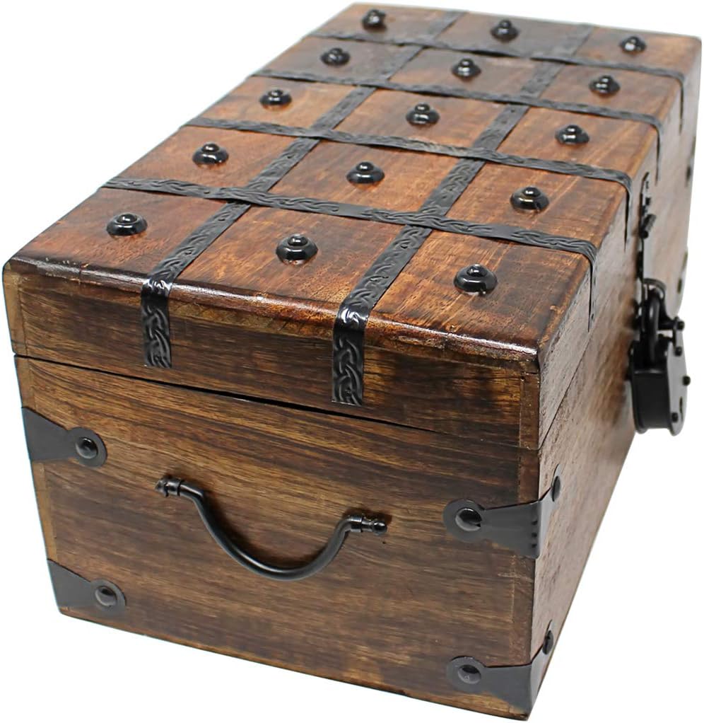 Wooden Treasure Chest with Antique Iron Lock and Skeleton Key, X-Large 17 x 10 x 7.5 M696