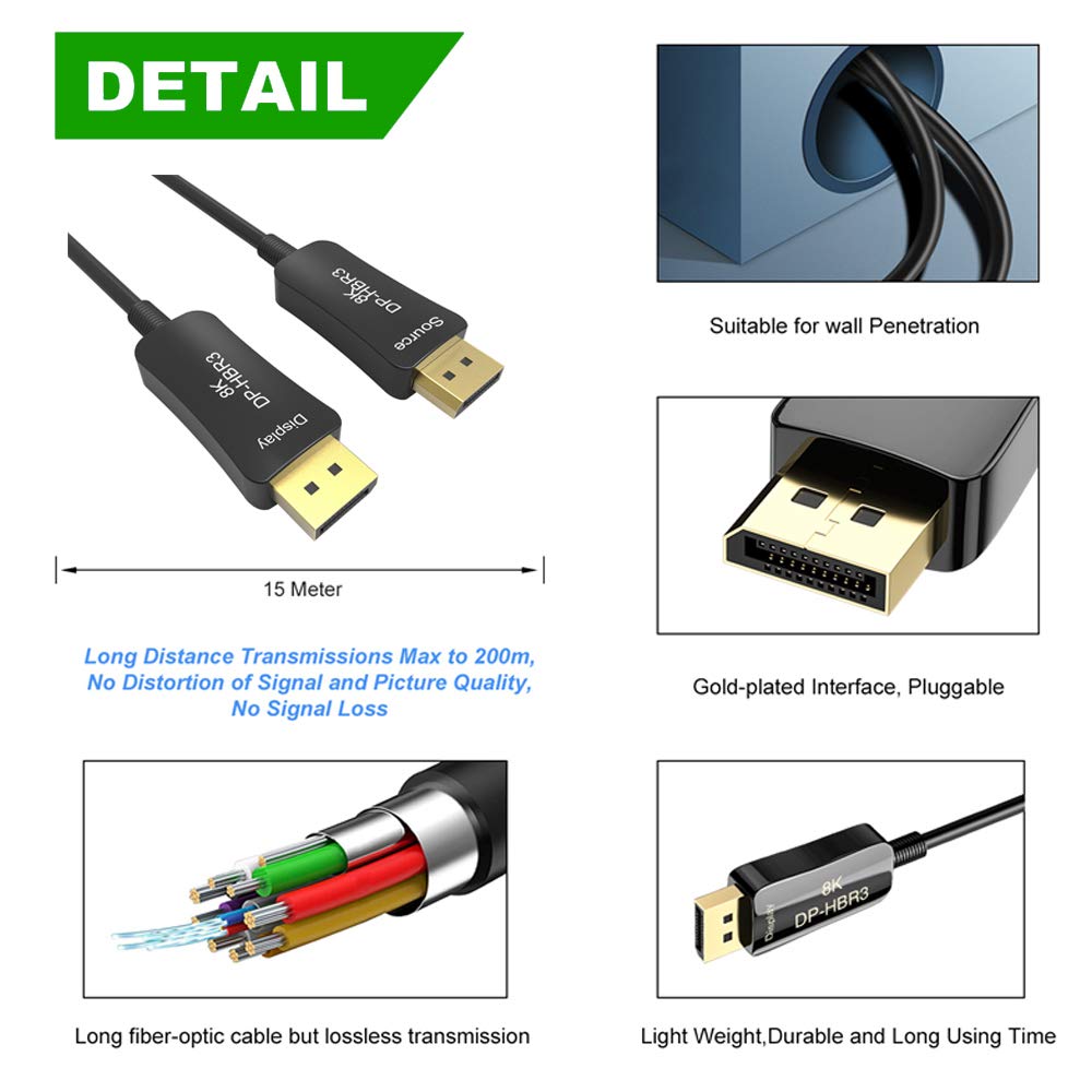 8K 4K DisplayPort Cable DP 1.4 HBR3 32.4Gbps Optical Fiber Slim and Flexible DP to DP Cable (15m 50ft) Y5606