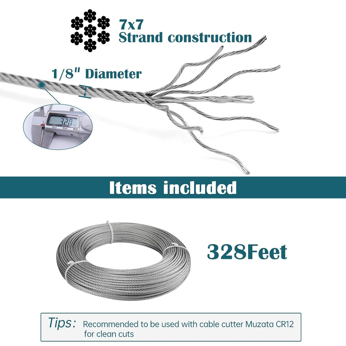 330Feet 1/8inch Stainless Steel Wire Rope Aircraft Cable Railing 7x7 Strand J257
