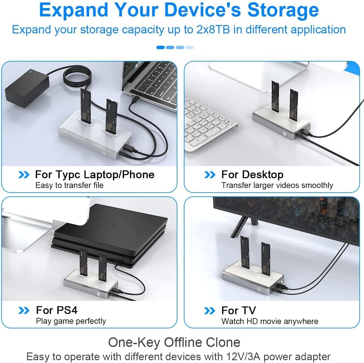 USB C Dual-Bay NVME Docking Station Tool-Free M.2 Duplicator External Hard Drive Enclosure Q684153