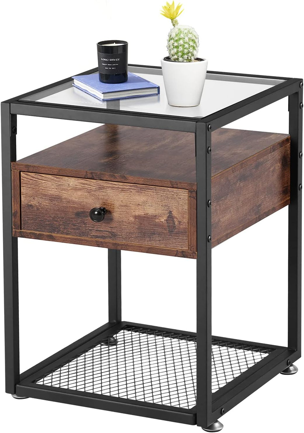 Brown+Black Tempered Glass Nightstand with Drawer and Shelf I37154