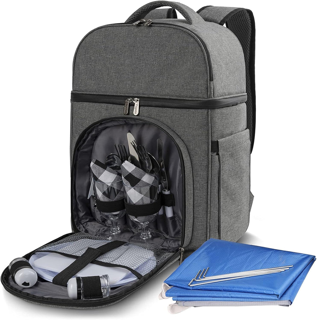 Insulated Picnic Backpack Bag with Cooler Compartment, Blanket, Plates and Cutlery Set T581