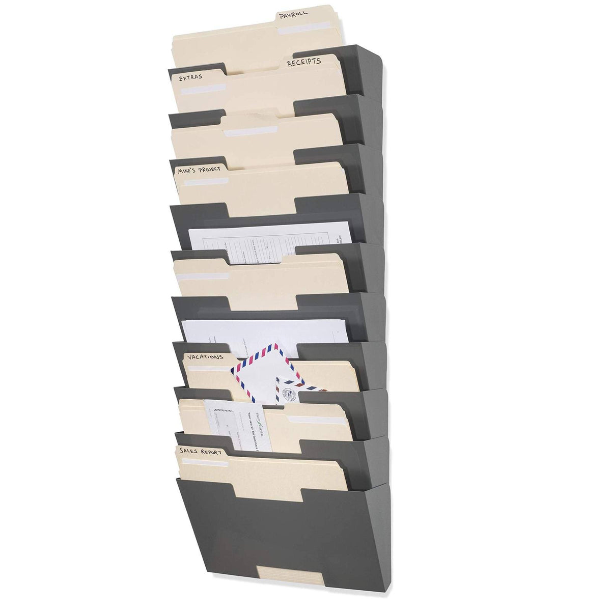 Gray Wall Mount Steel Vertical File Organizer 10 Sectional Modular X70831