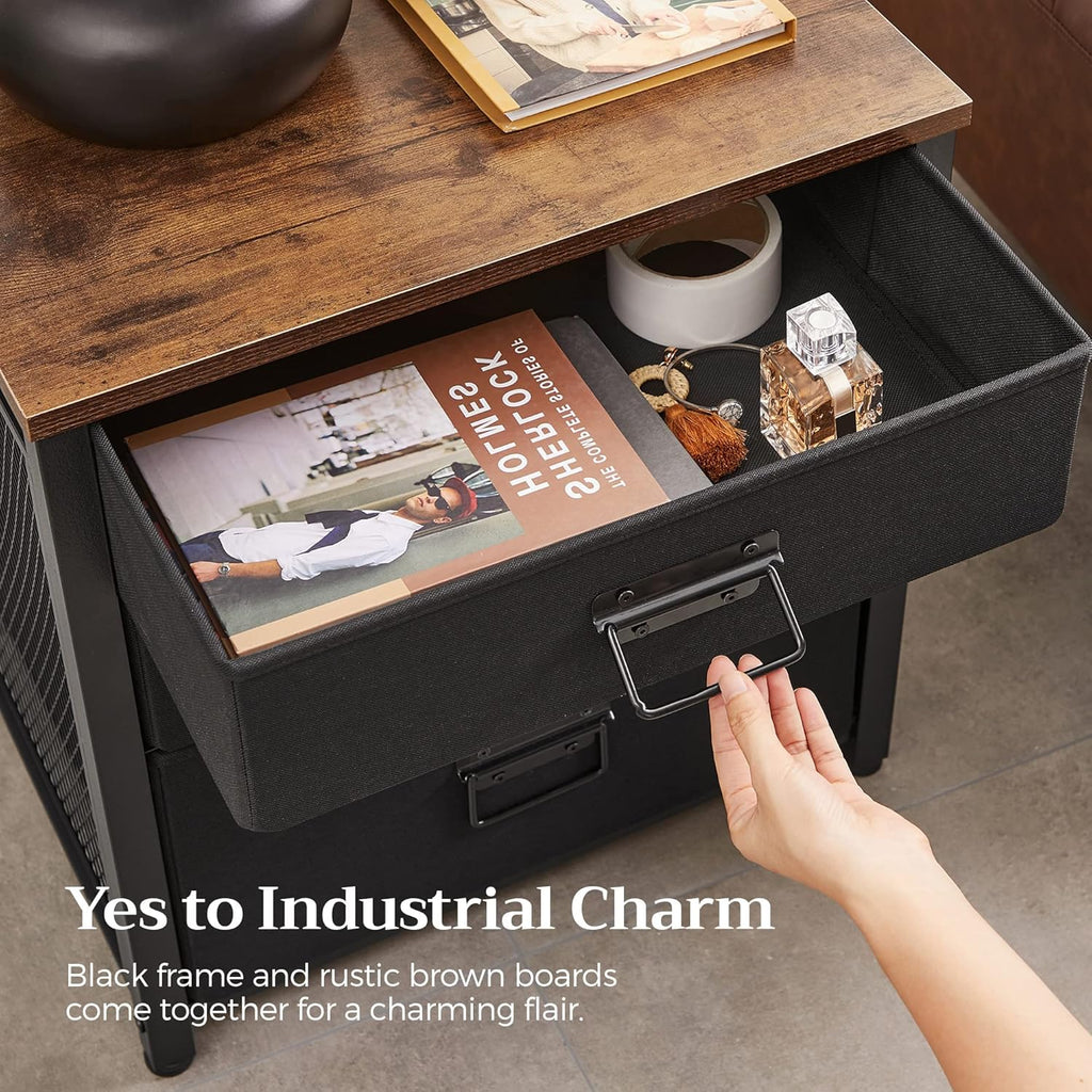 Rustic Brown and Black 3 Drawer Steel Frame Wooden Top Nightstand V4542