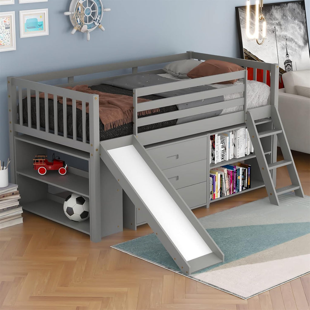 Gray Wooden Twin Loft Bed with Slide and Storage Cabinet Drawers and Book Shelves U891486