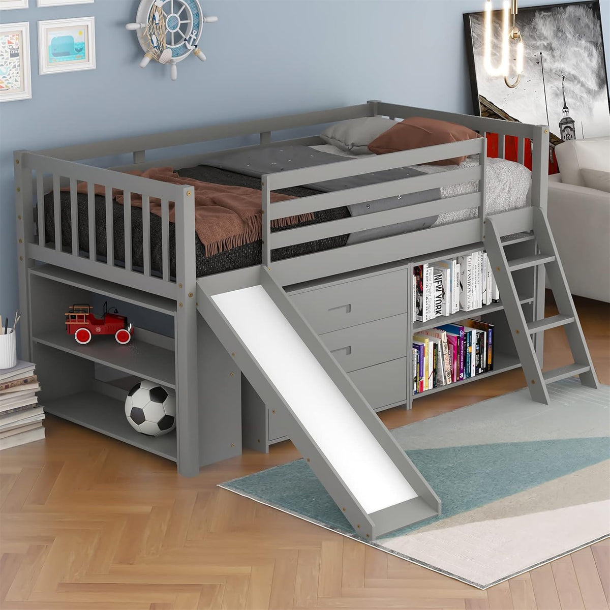 Gray Wooden Twin Loft Bed with Slide and Storage Cabinet Drawers and Book Shelves U891486