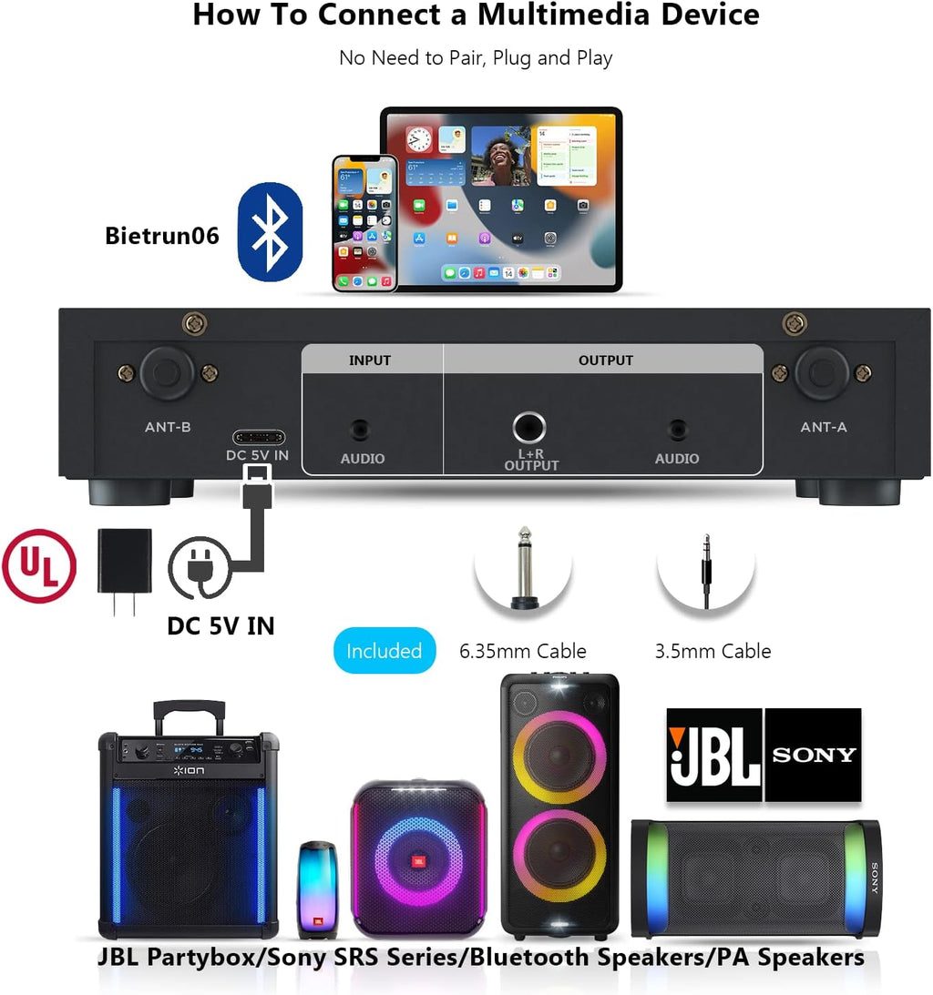 UHF Dual Channel Wireless Microphones with Bluetooth, Metal Cordless Handheld Dynamic Mics Z584725