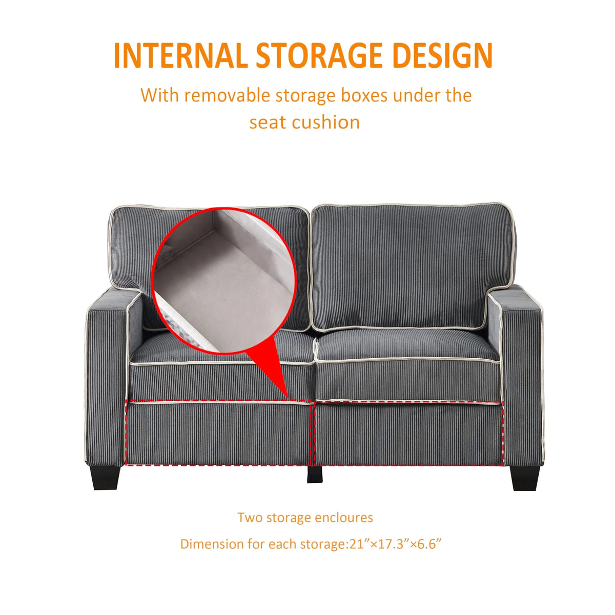 Dark Grey Corduroy Sofa Loveseat with Storage N72231
