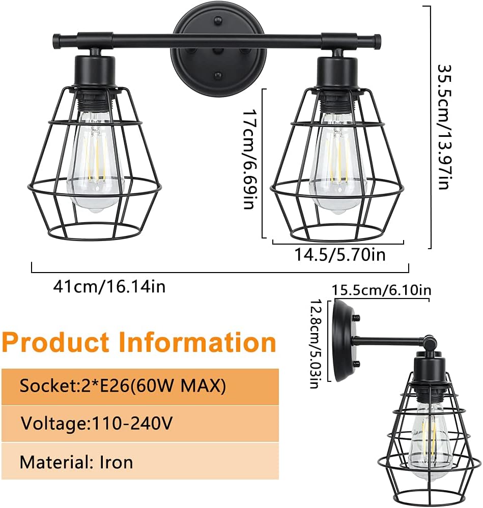 2-Light Industrial Wall Vanity Light Fixture, Black, E26 R1142
