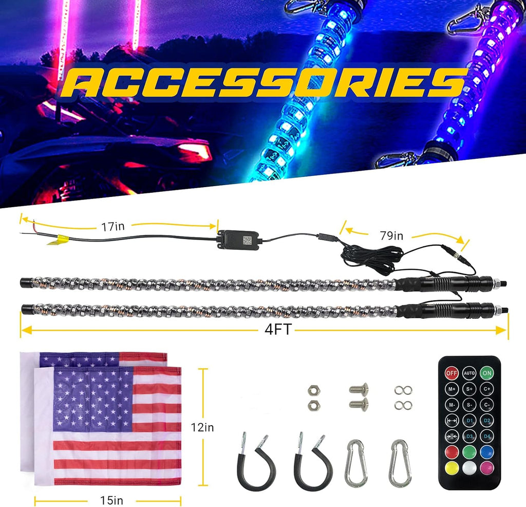 2Pcs 4FT Spiral LED Whip Lights for UTV ATV T481