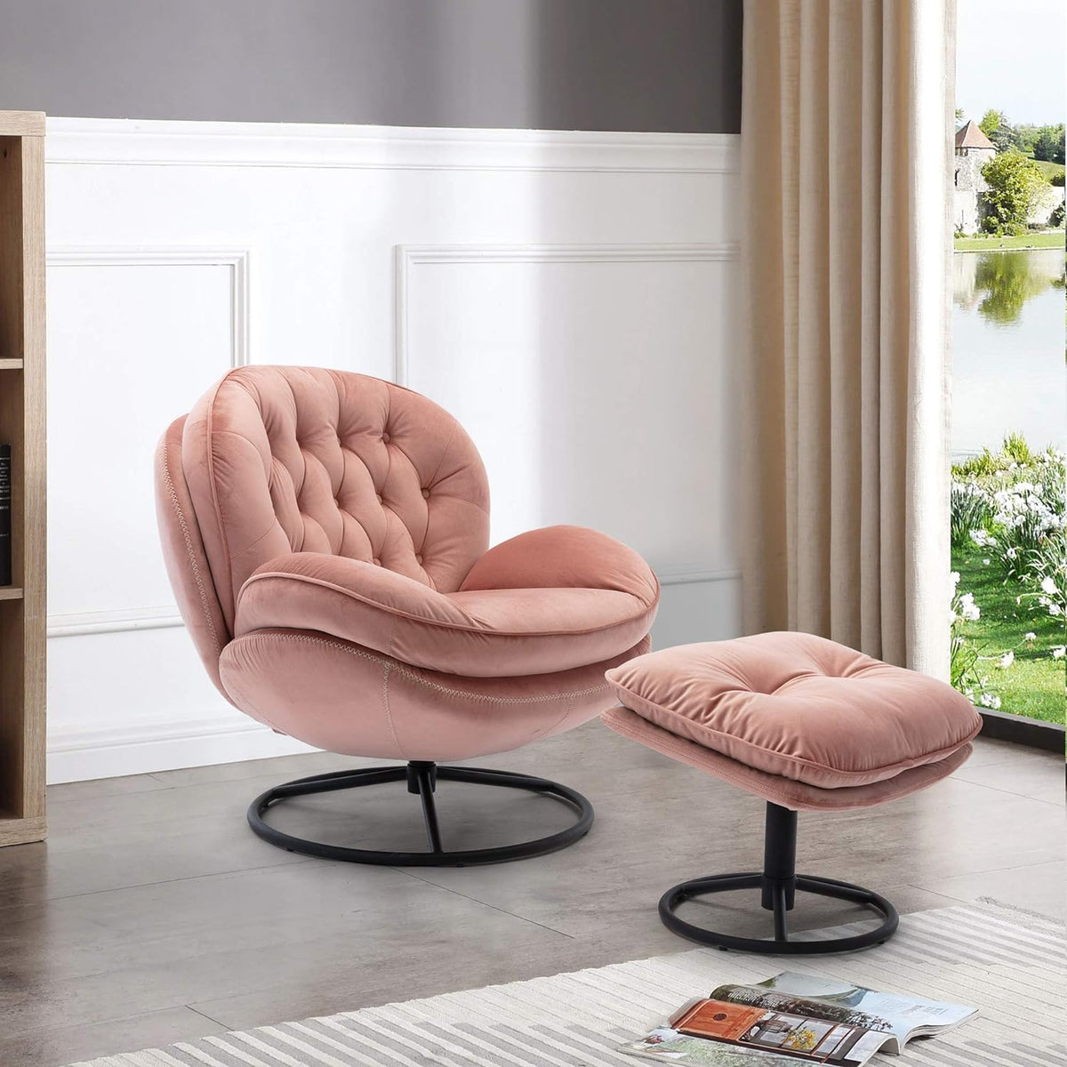 Swivel Velvet Lounge Chair with Ottoman and Metal Frame S8679