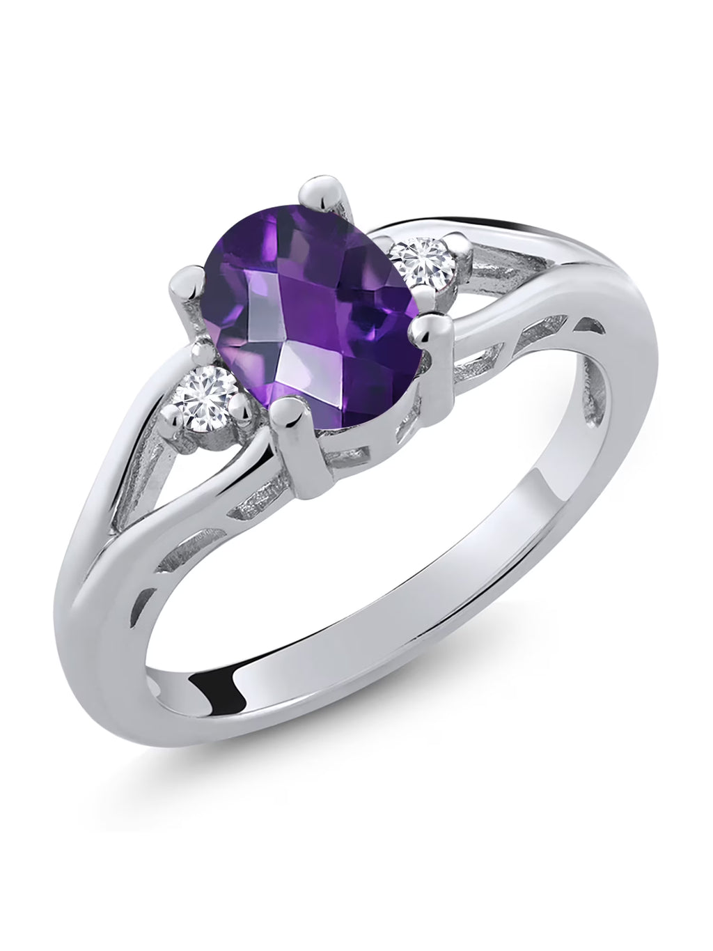 925 Sterling Silver Amethyst and White Lab Grown Diamond 3 Stone Engagement Ring, 1.28 Cttw, Size 9 U428307