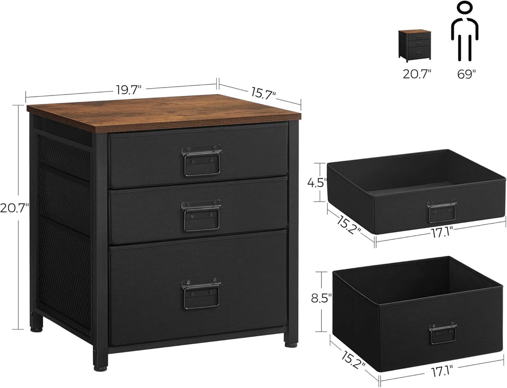 Rustic Brown and Black 3 Drawer Steel Frame Wooden Top Nightstand V4542