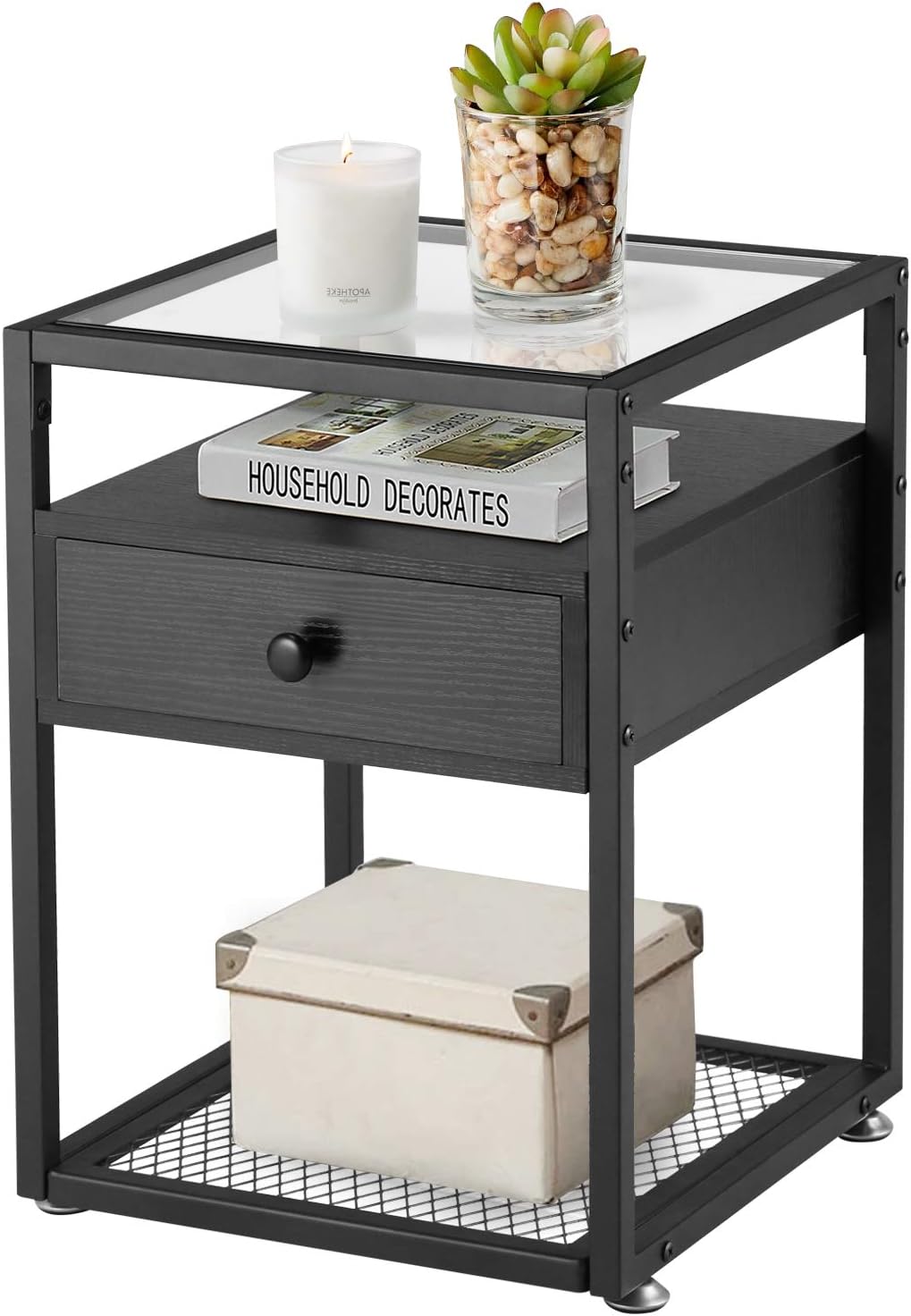 Brown+Black Tempered Glass Nightstand with Drawer and Shelf I37154