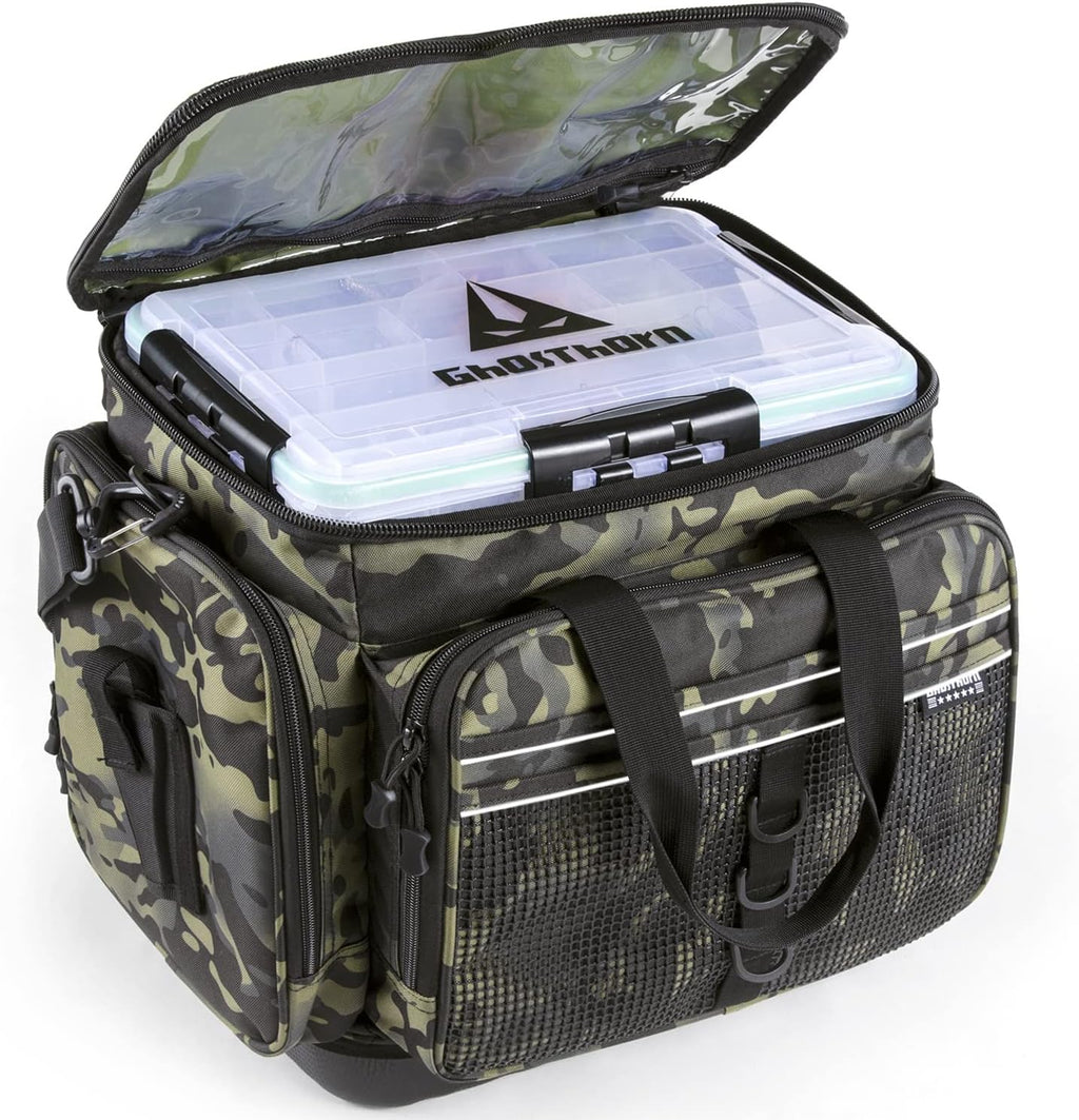 Large Multicam Black Fishing Tackle Bag with 5 Trays and Rod Holder C305