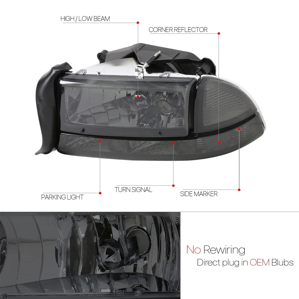 Smoke Tinted Headlight Clear Signal Reflector for Dodge Dakota/Durango O604