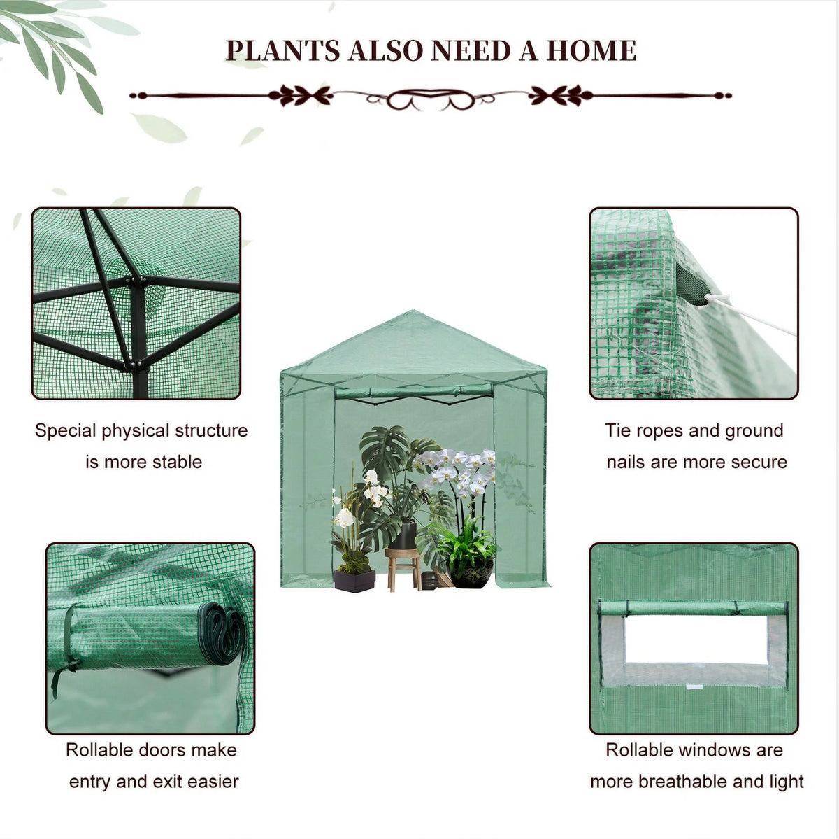 8x8 Ft Pop-up Walk-in Greenhouse with Roll-up Zip Door and 2 Windows J4308