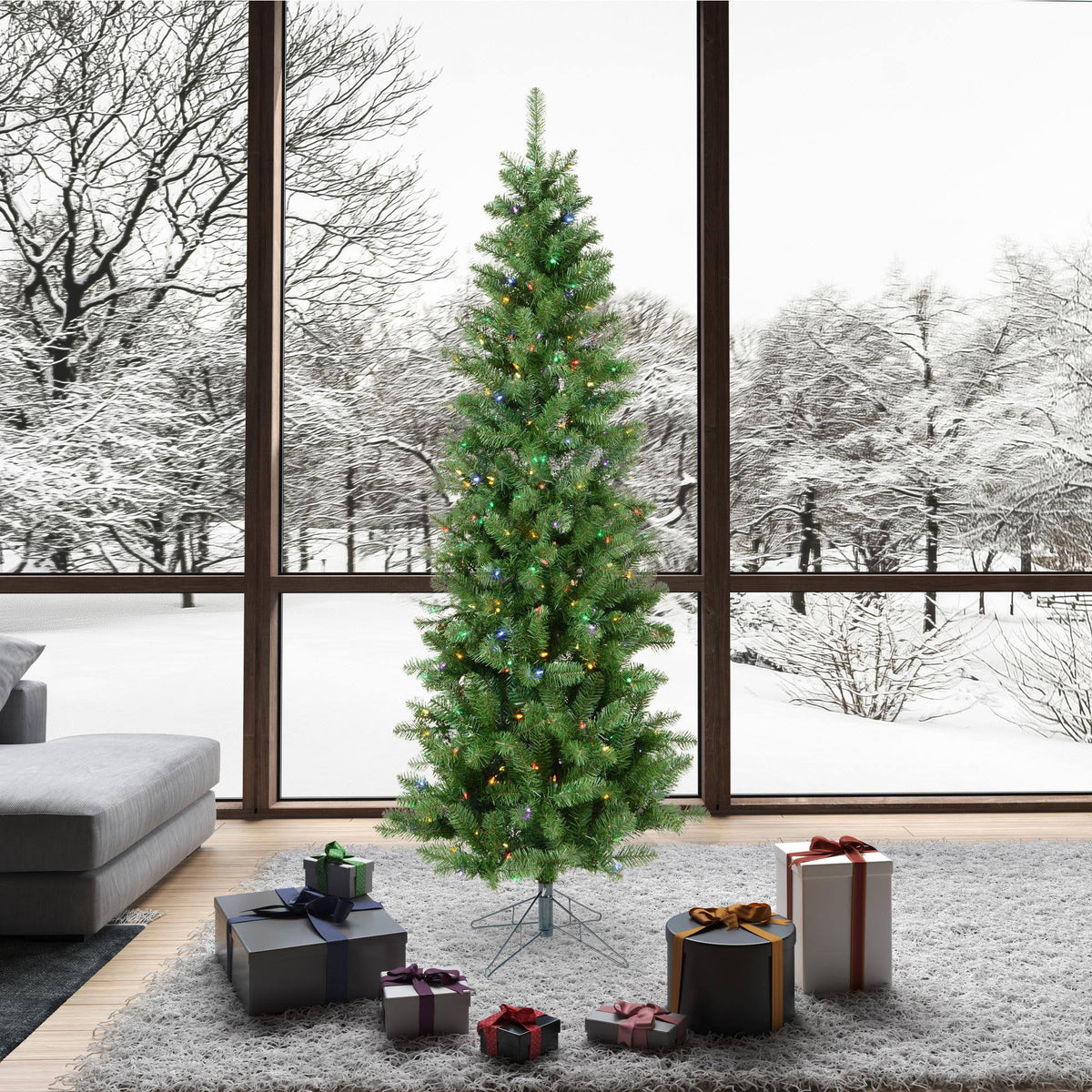 7.5 ft Salem Pencil Pine Christmas Tree with Multi-Colored LED Lights X6225