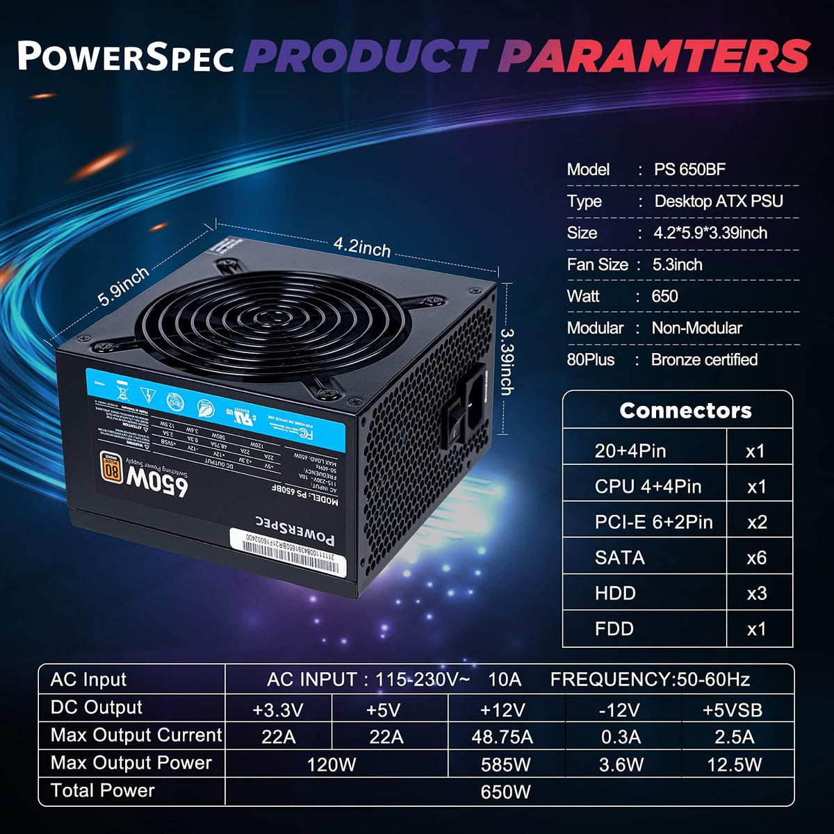 650W 80 Plus Bronze Non-Modular ATX Power Supply D6470