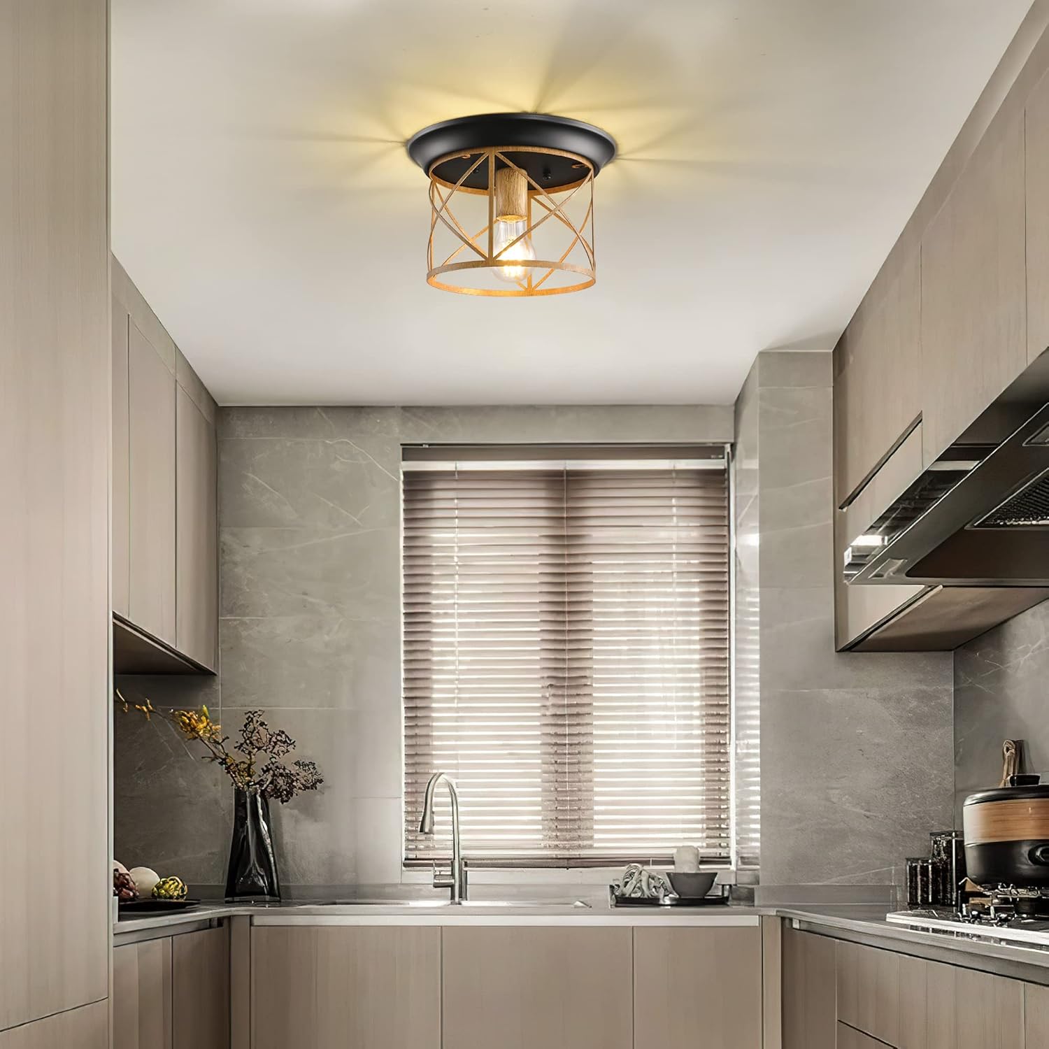 Rustic Flush Mount Ceiling Light with Hand Paint Wood Finish Vintage Industrial Metal Cage Ceiling Lamp E26 Base O6464