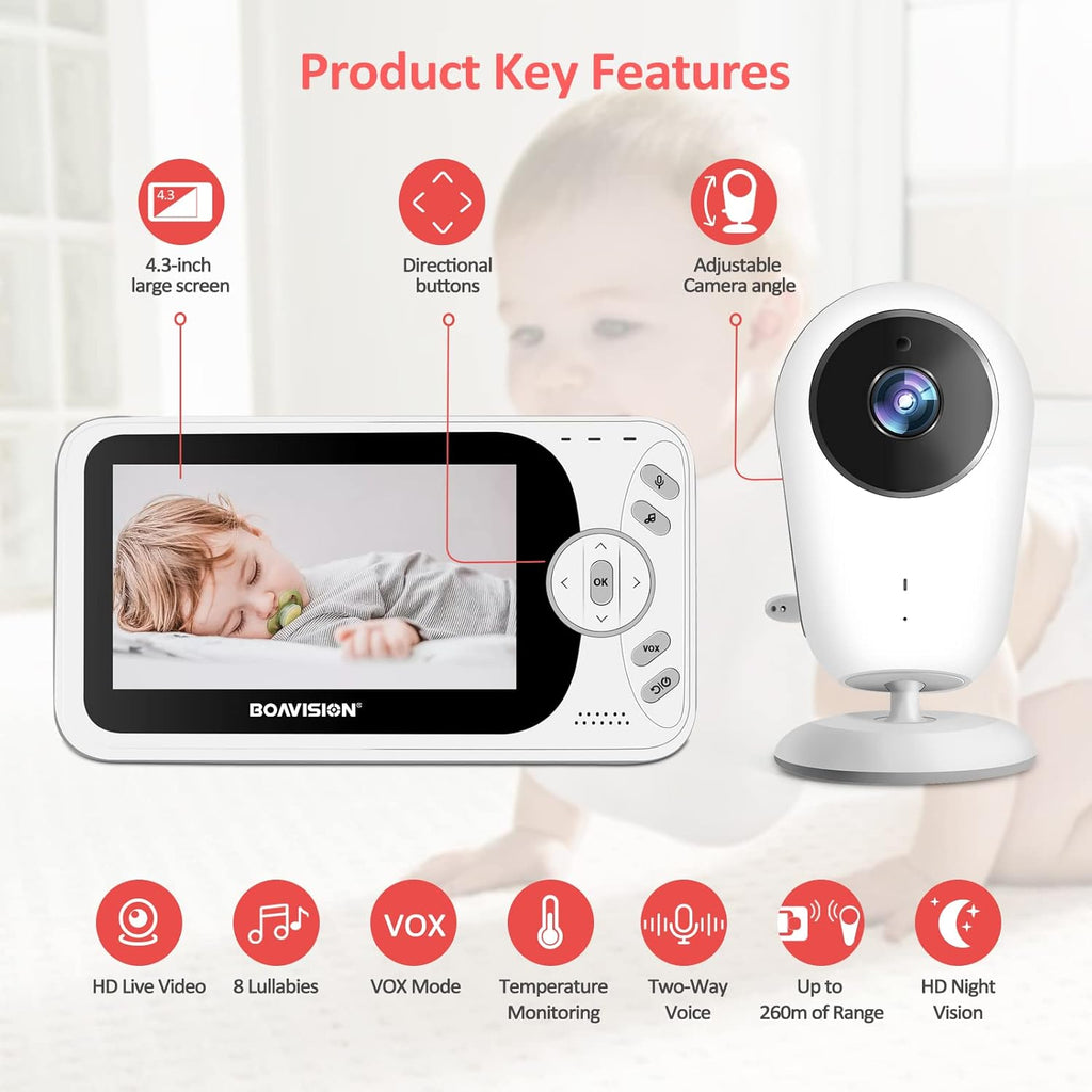 Video Baby Monitor with Camera and Audio, 4.3 inch IPS Screen, Night Vision C300