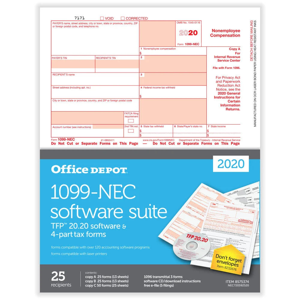 1099-NEC Laser Tax Forms, 2-Up, 4-Part, 8-1/2 inch x 11 inch, Pack of 25 T575934
