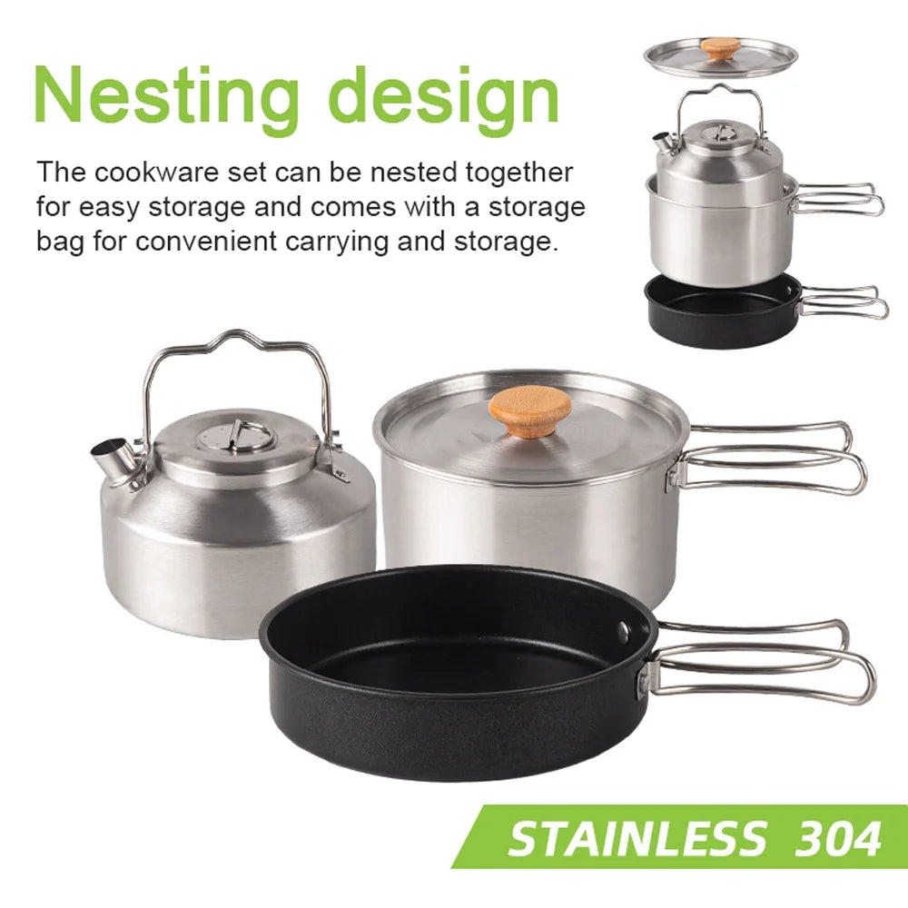 Stainless Steel Camping Cookware Set with Pot Frying Pan Kettle U79713