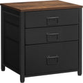Rustic Brown and Black 3 Drawer Steel Frame Wooden Top Nightstand V4542