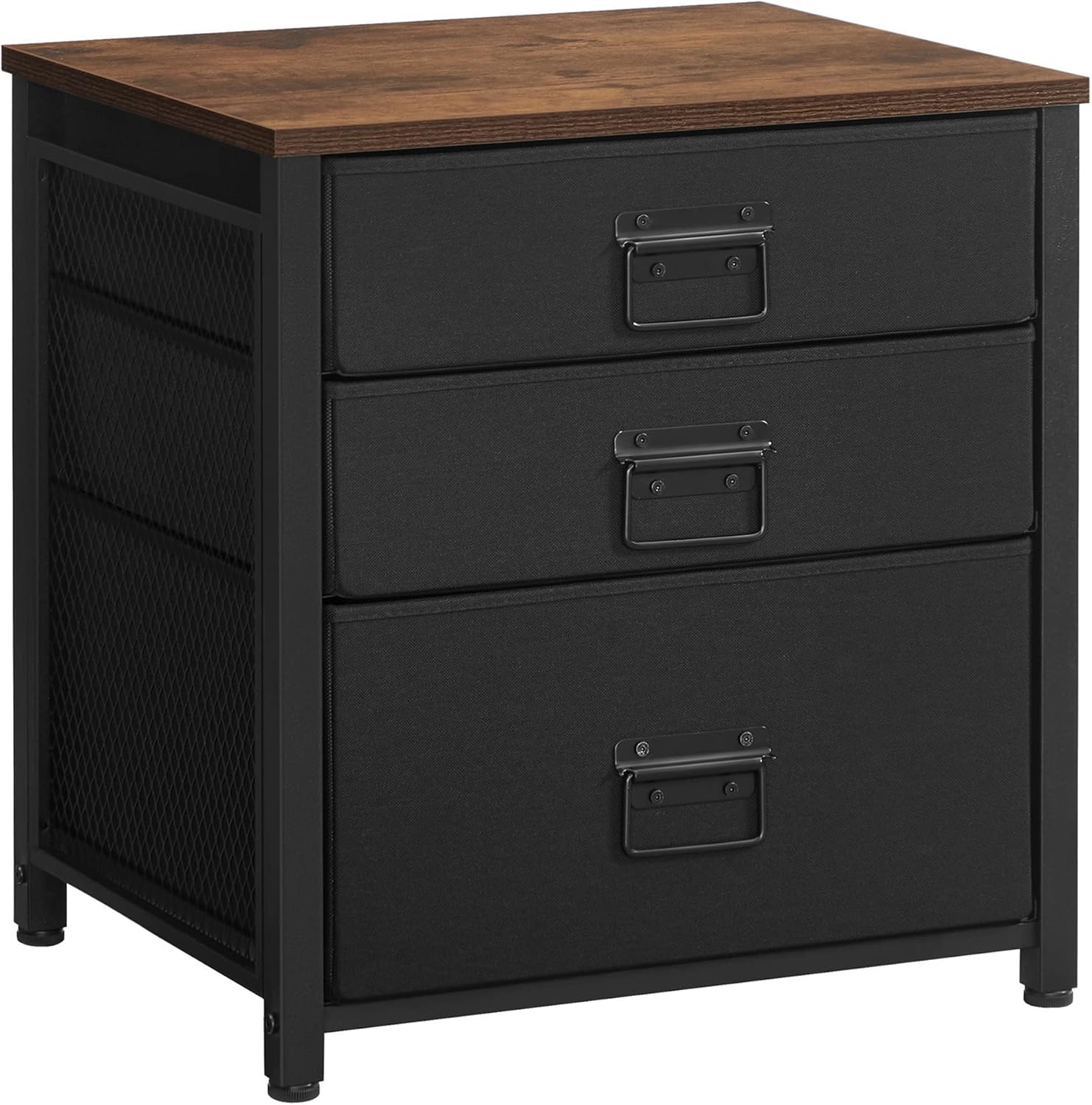 Rustic Brown and Black 3 Drawer Steel Frame Wooden Top Nightstand V4542