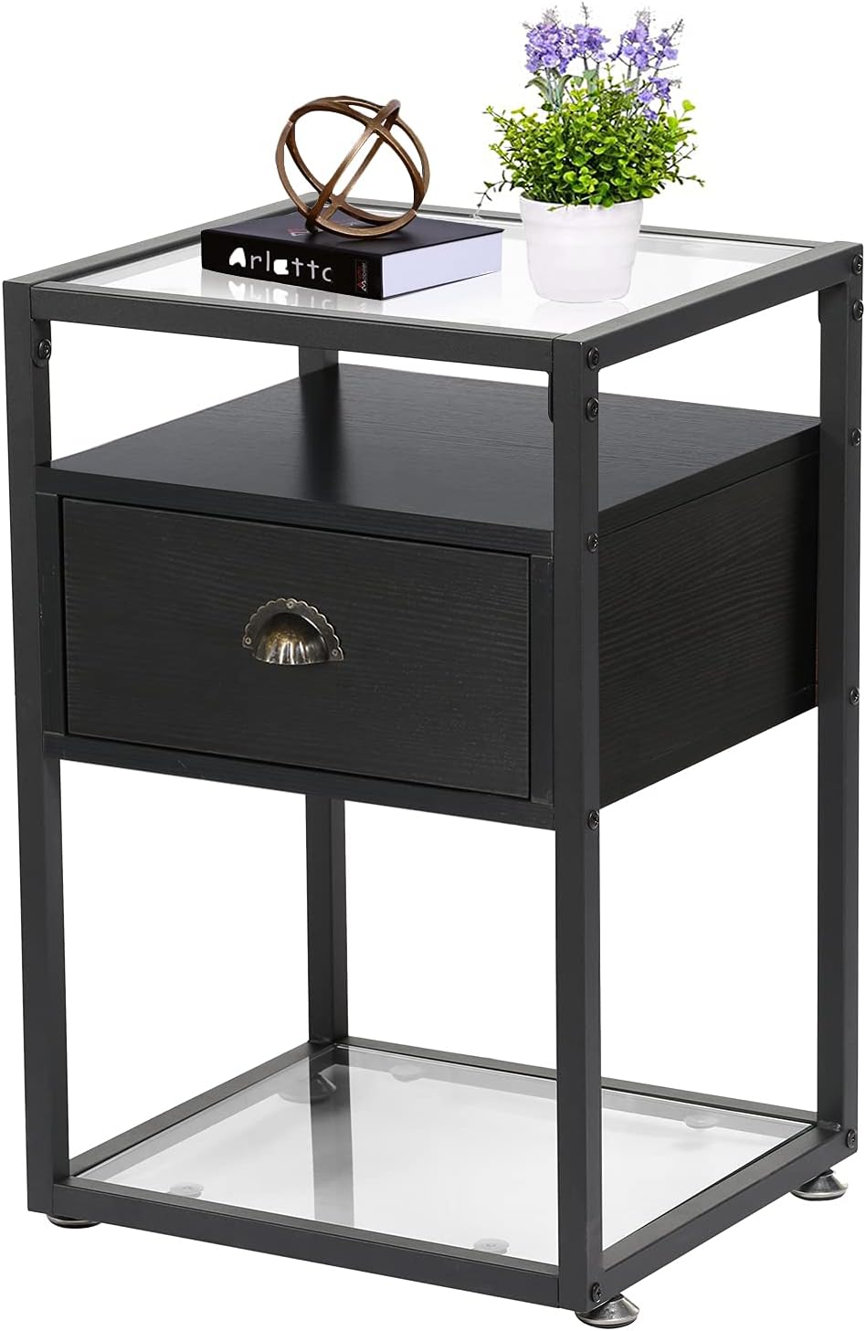 Brown+Black Tempered Glass Nightstand with Drawer and Shelf I37154