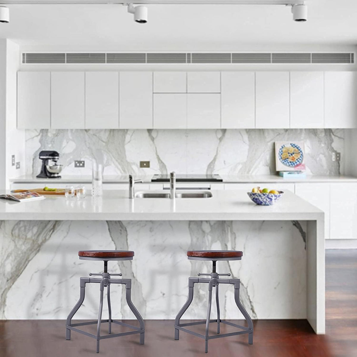 Set of 2 Metal and Wood Top Adjustable Bar Stool J3384