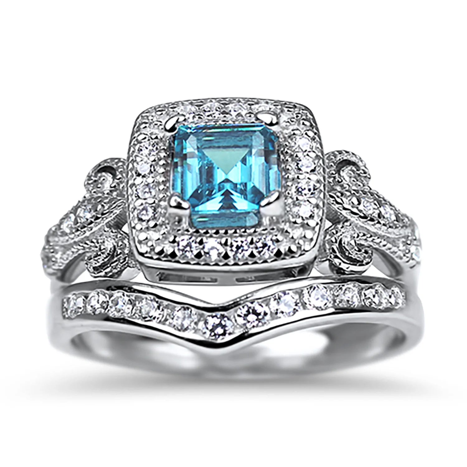 Trio His Hers Blue Topaz CZ Silver Wedding Engagement Ring Set Titanium O554