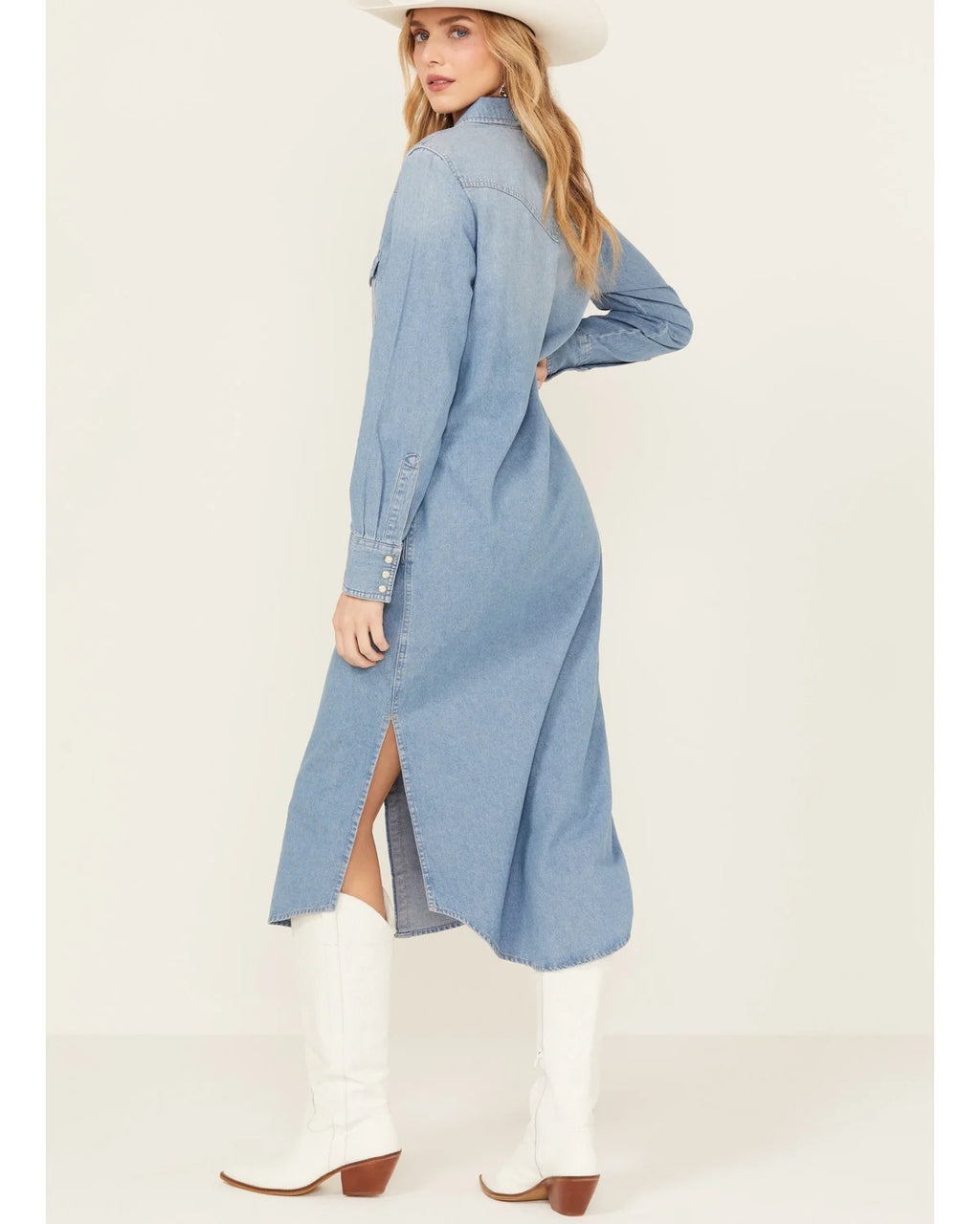 Medium Wash Long Sleeve Denim Dress Z2717