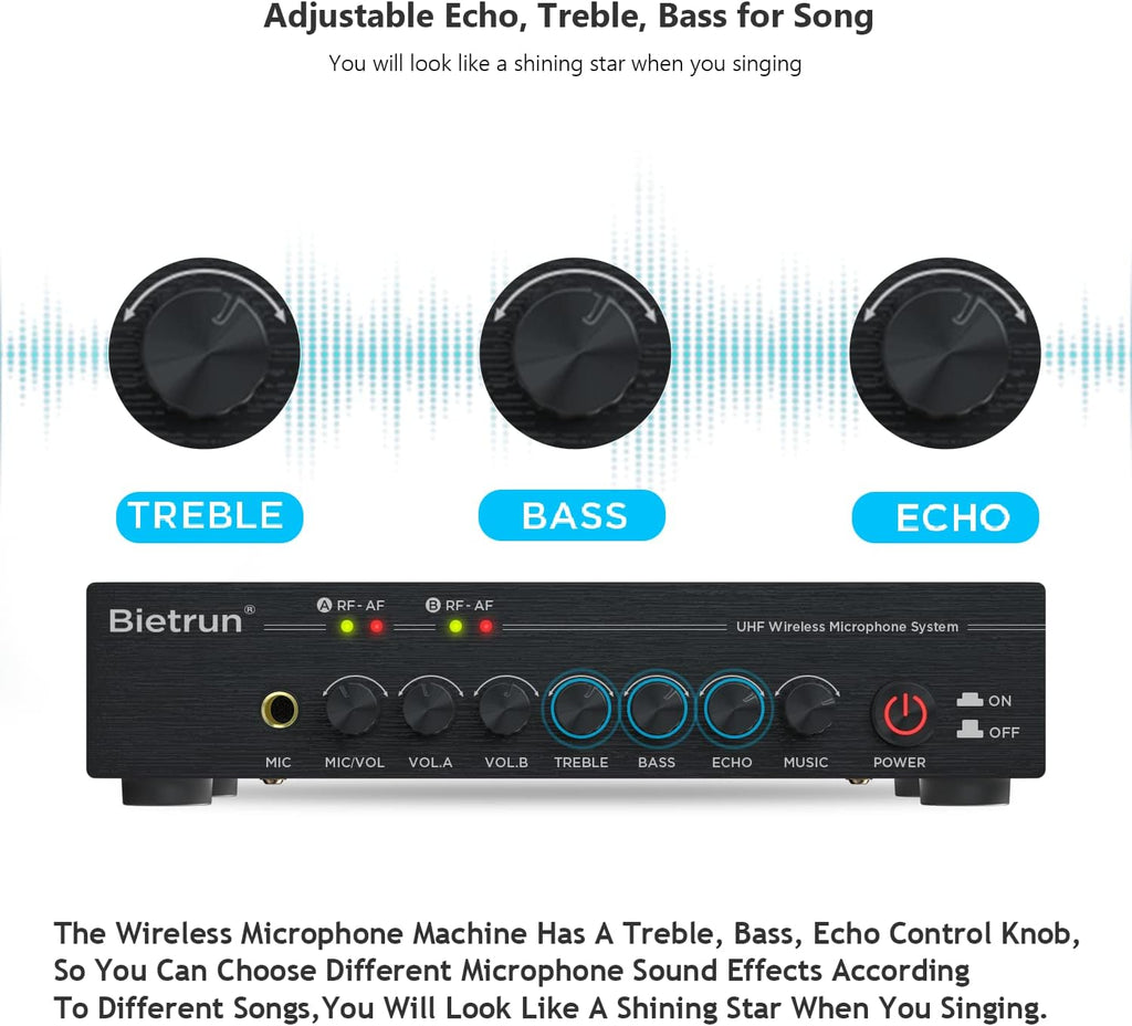 UHF Dual Channel Wireless Microphones with Bluetooth, Metal Cordless Handheld Dynamic Mics Z584725