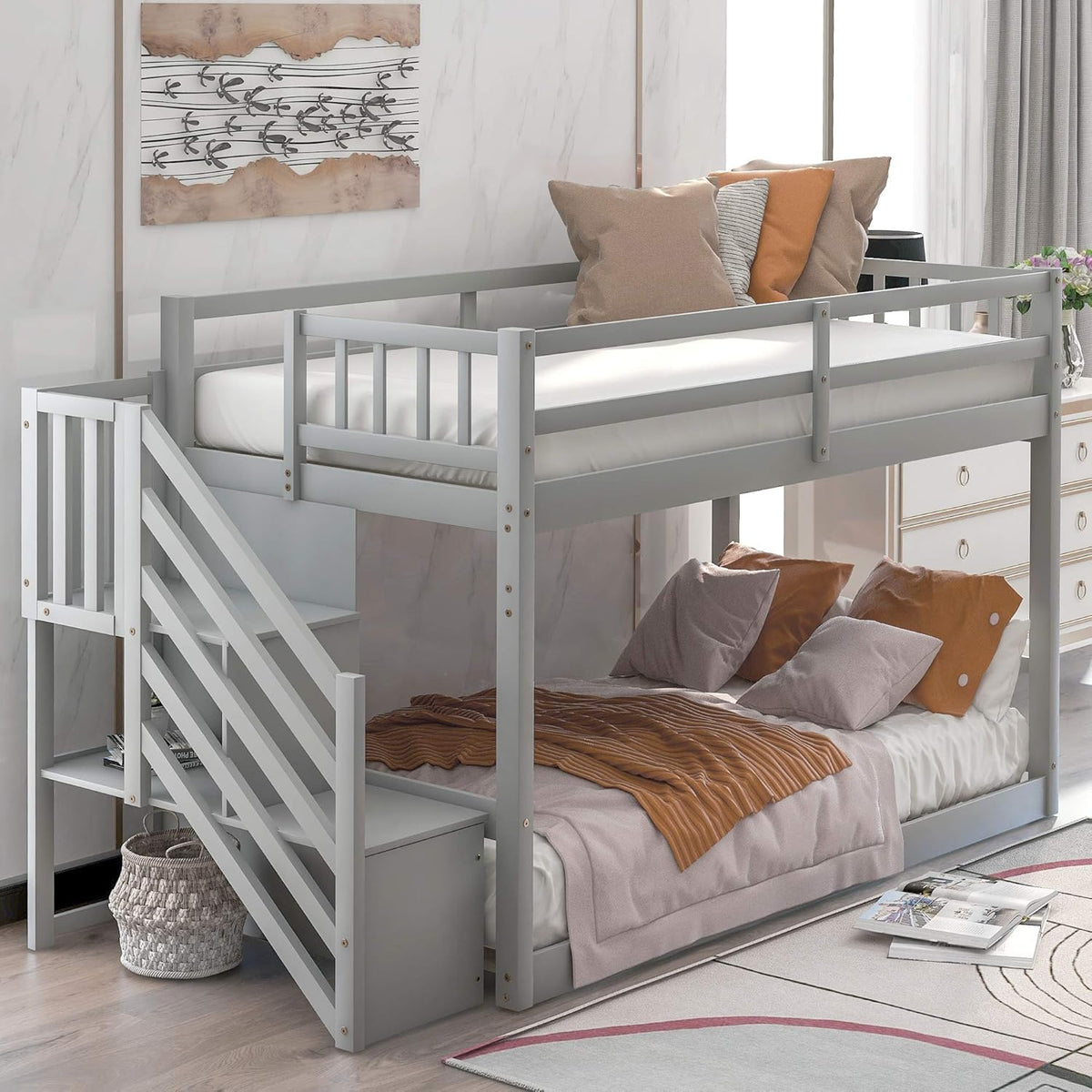 White Twin Over Twin Low Bunk Bed Frame with Storage Staircase J873