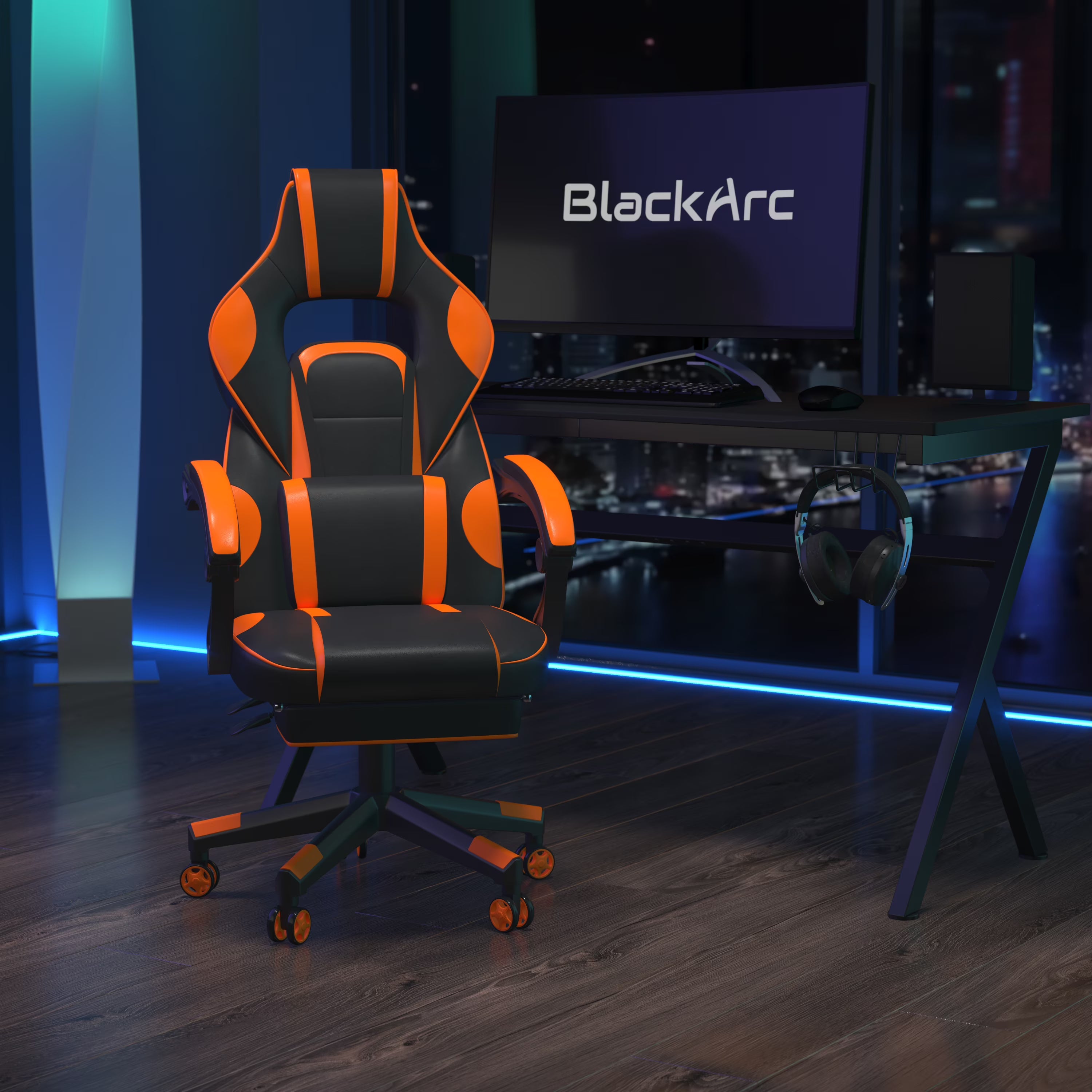 Black & Orange Gaming Chair with Footrest D64066