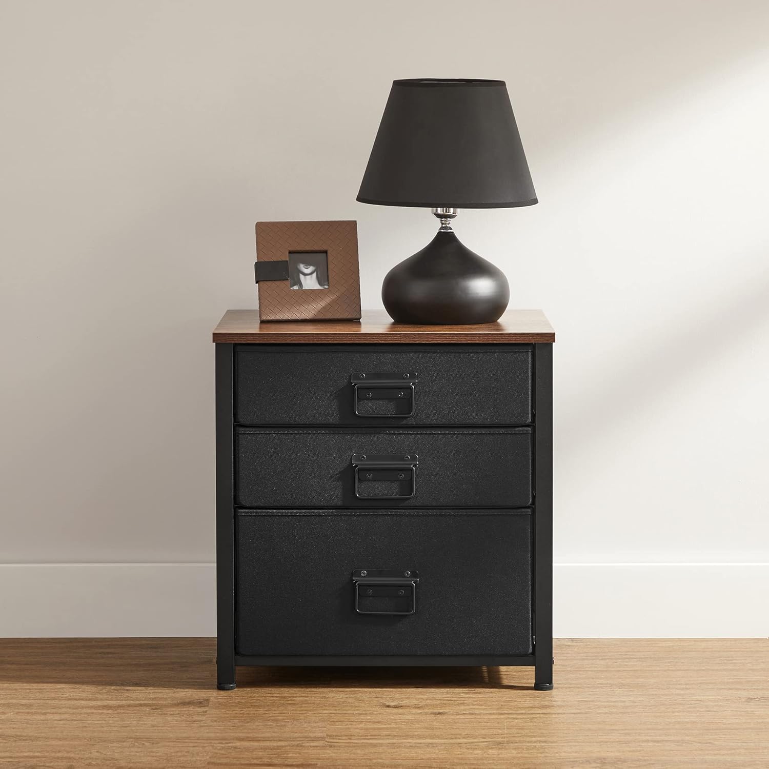 Rustic Brown and Black 3 Drawer Steel Frame Wooden Top Nightstand V4542