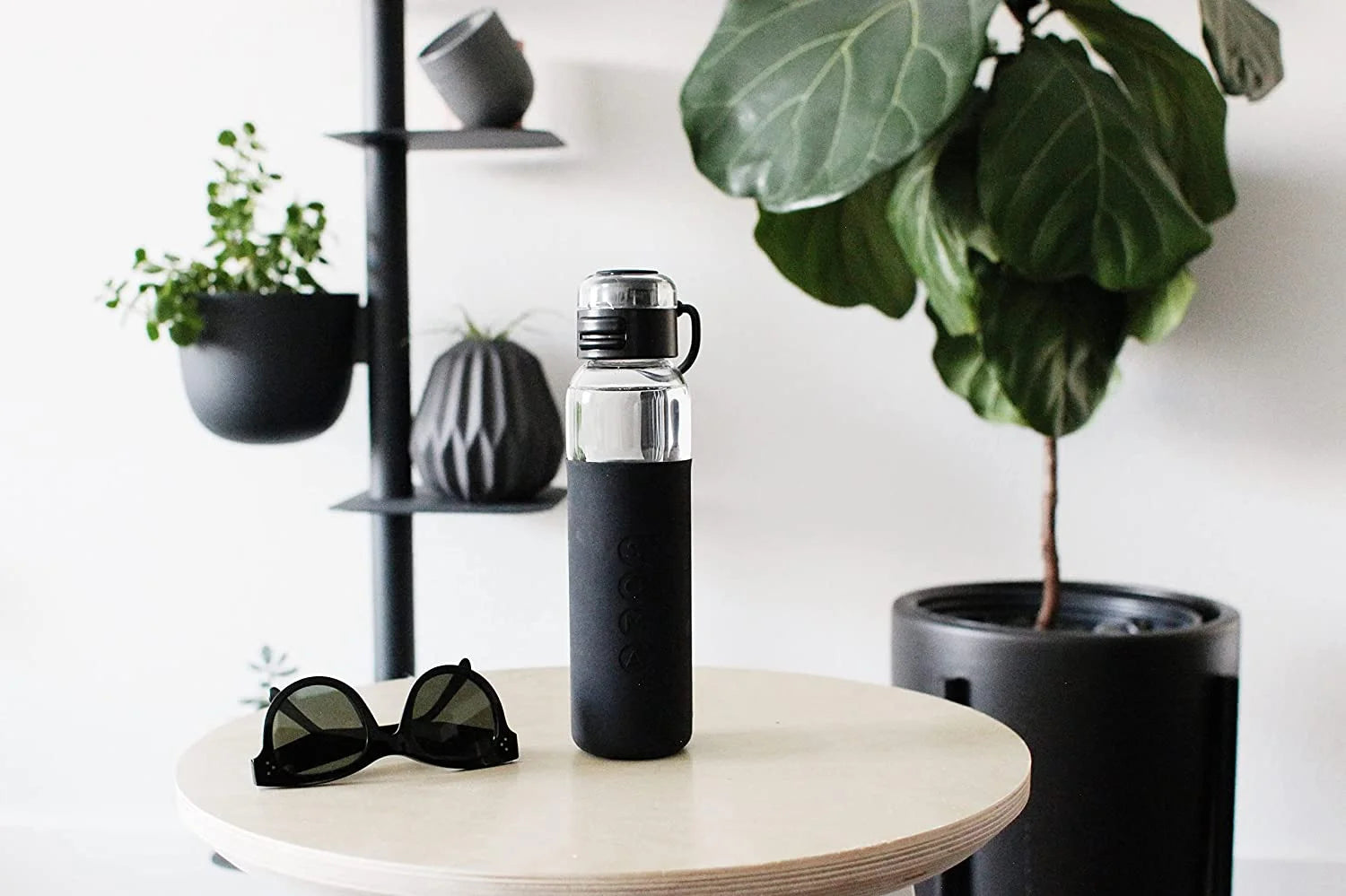 Black Glass Sport Water Bottle with Silicone Sleeve and Flip Top Lid X760431