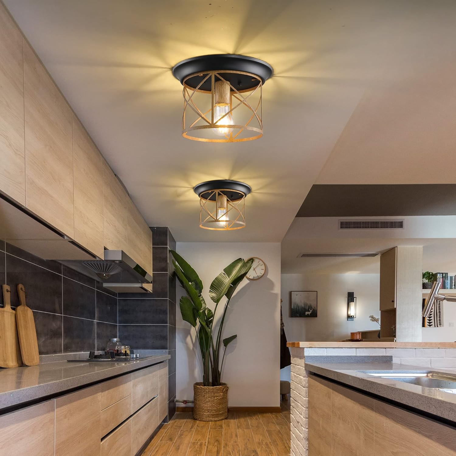 Rustic Flush Mount Ceiling Light with Hand Paint Wood Finish Vintage Industrial Metal Cage Ceiling Lamp E26 Base O6464