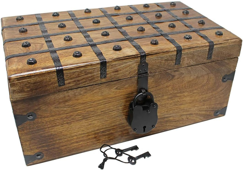 Wooden Treasure Chest with Antique Iron Lock and Skeleton Key, X-Large 17 x 10 x 7.5 M696