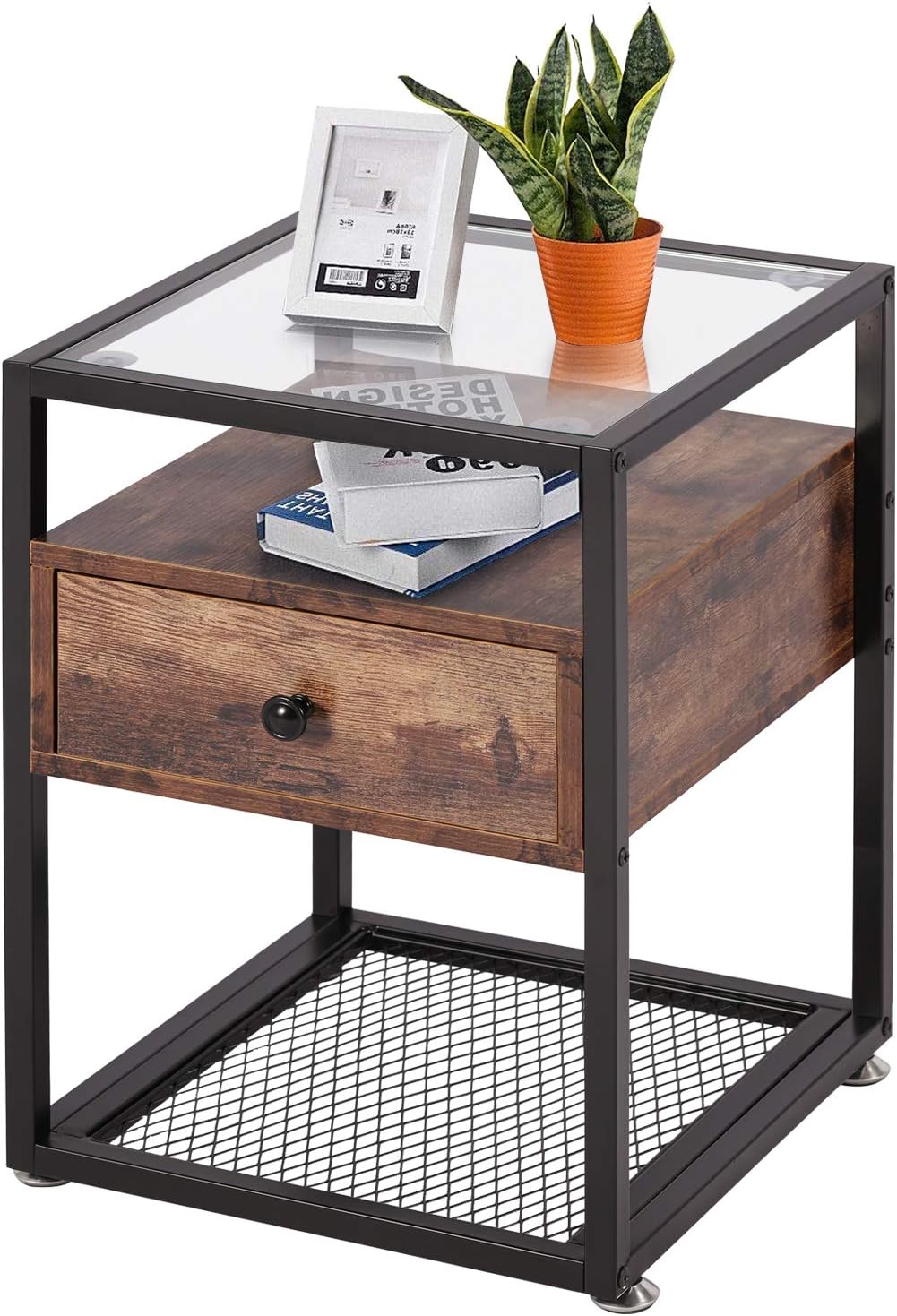 Brown+Black Tempered Glass Nightstand with Drawer and Shelf I37154